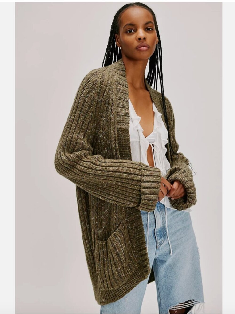 Free People Blossom Cardigan Open Chunky Ribbed Knit Earth Womens M NWT